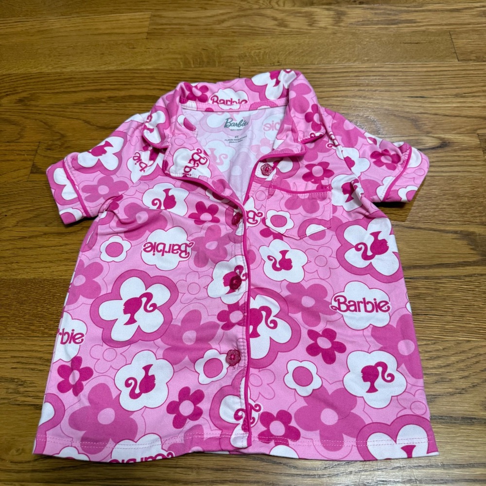 Barbie Girls Pink Floral Logo Button Down Pajama Top Short Sleeve Size 4T